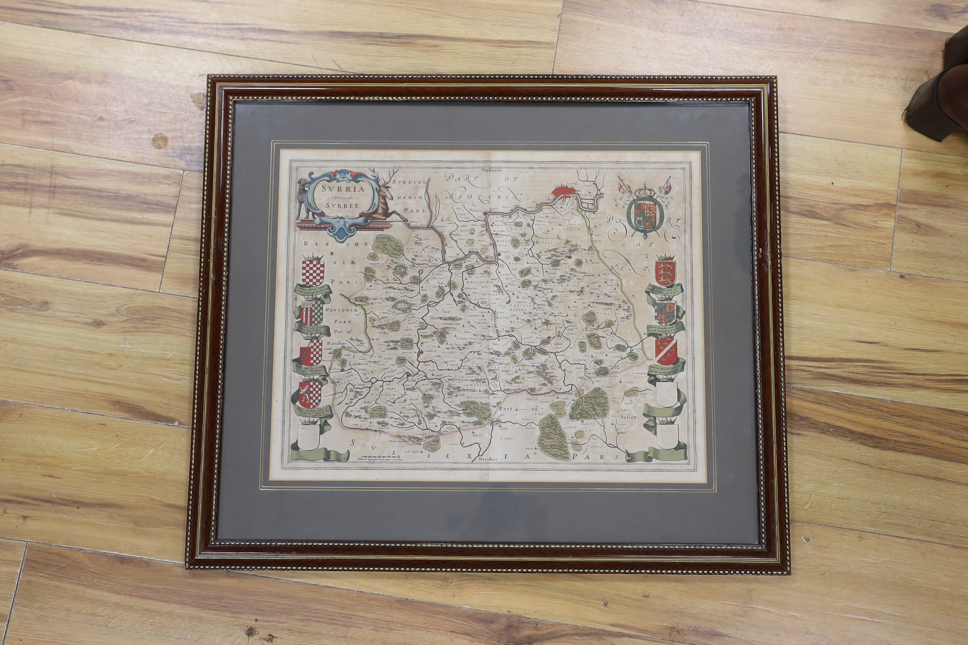 After Johannes Blaeu (Dutch, 1596-1673), hand coloured engraved map ‘’Surria vernacule Surrey’’, text verso, 38 x 48.5cm